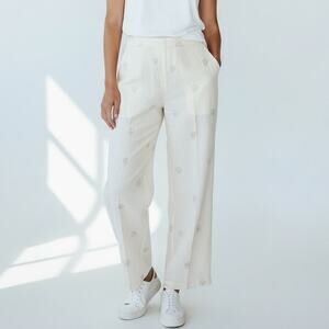Jennifer Eden Pants 8 White Embroidered Flowers Ramie Feels Linen Side Zip Large
